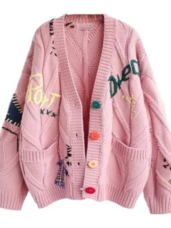 Chouyatou Cable Knit Embroidery Cardigan Sweater Pink