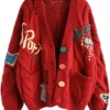 Chouyatou Cable Knit Embroidery Cardigan Sweater Red