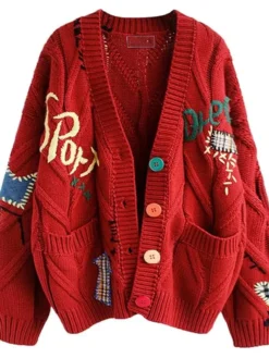 Chouyatou Cable Knit Embroidery Cardigan Sweater Red