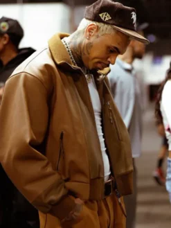 Chris-Brown-Brown-Leather-Bomber-Jacket