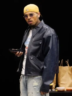 Chris Brown RB Tour Brown Leather Bomber Jacket For Sale