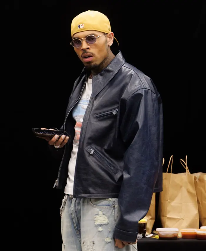 Chris Brown RB Tour Brown Leather Bomber Jacket For Sale