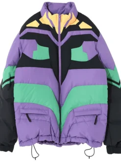 Chris Brown UNDERCOVER x Iffy Evangelion Anime Mecha Color-Block Padded Purple Puffer Jacket front view