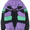 Chris Brown UNDERCOVER x Iffy Evangelion Color-Block Anime Mecha Purple Padded Puffer Jacket back view