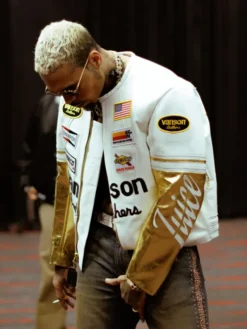 Chris Brown Vanson Leathers White and Gold Jacket