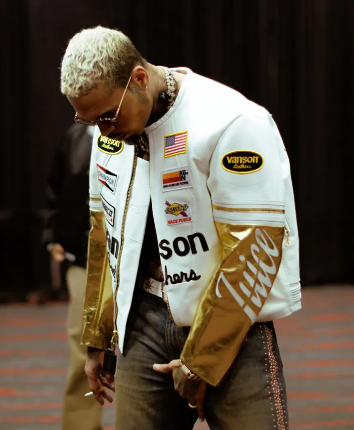 Chris Brown Vanson Leathers White and Gold Jacket