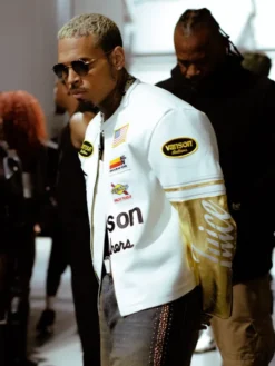 Chris Brown Vanson Leathers White and Gold Leather Racing Style Jacket For Sale