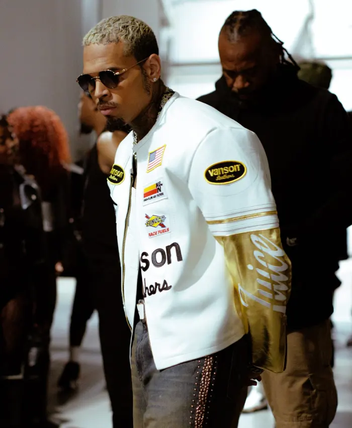 Chris Brown Vanson Leathers White and Gold Leather Racing Style Jacket For Sale