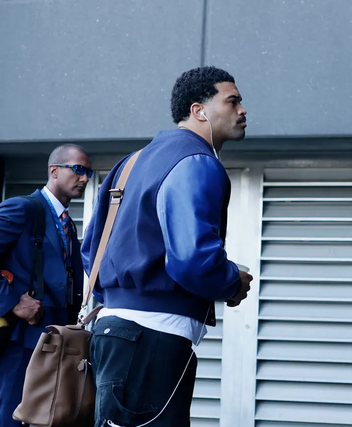 Clos-up of Caleb Williams American Football Team Chicago Bears Tunnel Black Wool Leather Varsity Jacket