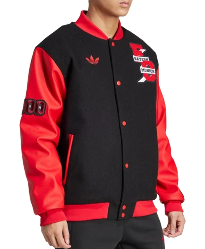 Close-up of Adidas Football Club Bayern Munich 24-25 Black And Red Varsity Jacket