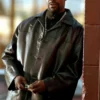 Close-up of Alonzo Harris Film Training Day 25th Anniversary Denzel Washington Black Leather Trench Coat