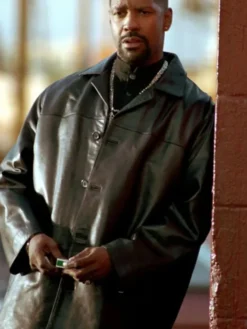 Close-up of Alonzo Harris Film Training Day 25th Anniversary Denzel Washington Black Leather Trench Coat