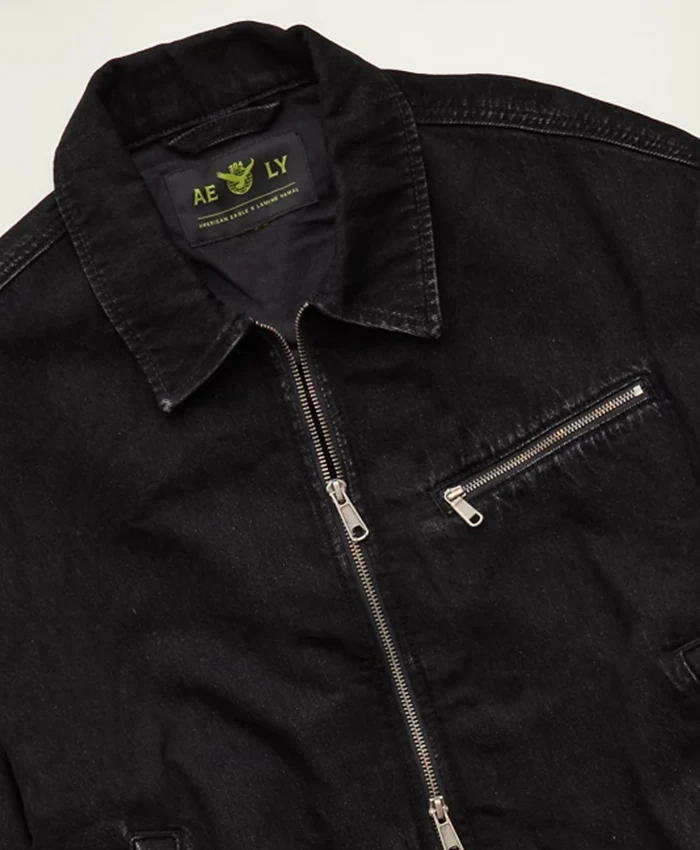 Close-up of American Eagle x Lamine Yamal Black Cropped Cotton Workwear Jacket