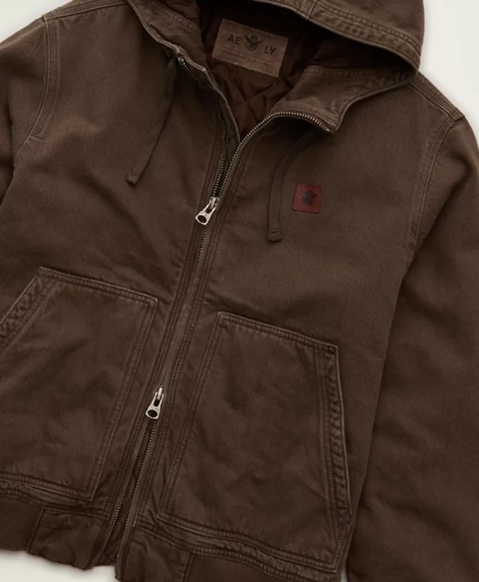 Close-up of American Eagle x Lamine Yamal Brown Cotton Denim Hooded Jacket