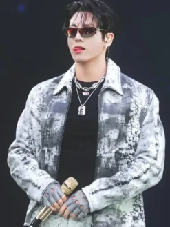 Close-up of BTS ARIRANG World Tour Chicago Jungkook L-Pylon-A Cracked-Finish Leather Jacket