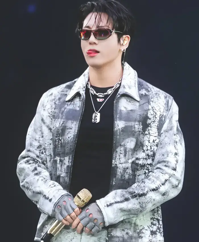 Close-up of BTS ARIRANG World Tour Chicago Jungkook L-Pylon-A Cracked-Finish Leather Jacket