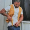 Close-up of BTS Drake FOMO Fear of Missing Out 2026 Tan Yellow Leather Vest Sale