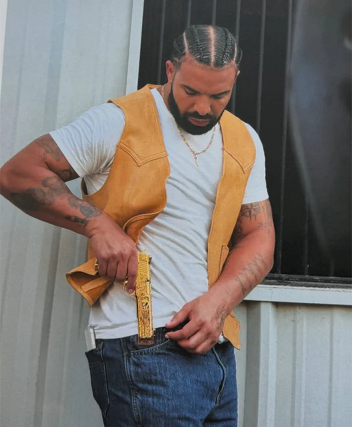 Close-up of BTS Drake FOMO Fear of Missing Out 2026 Tan Yellow Leather Vest Sale