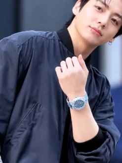 Close-up of BTS Jungkook Hublot Event 2026 Black Polyester Bomber Jacket Sale