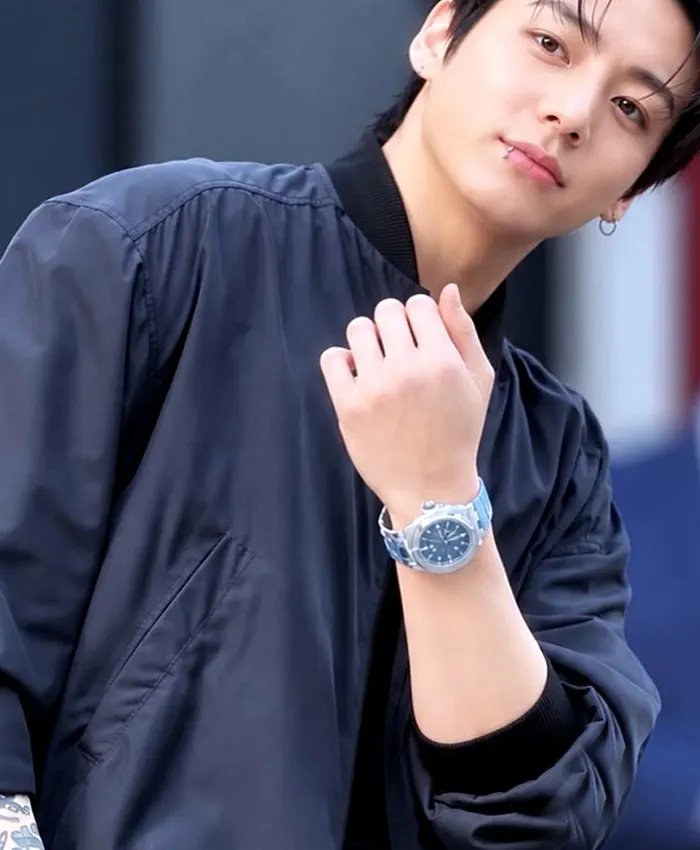 Close-up of BTS Jungkook Hublot Event 2026 Black Polyester Bomber Jacket Sale