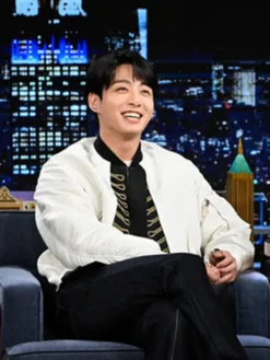 Close-up of BTS Jungkook The Tonight Show Starring Jimmy Fallon White Satin Bomber Jacket