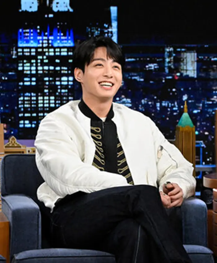 Close-up of BTS Jungkook The Tonight Show Starring Jimmy Fallon White Satin Bomber Jacket