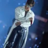 Close-up of BTS Kim Taehyung ARIRANG World Tour Chicago Off-White Diesel Denim Trench Coat