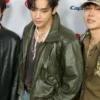 Close-up of BTS Kim Taehyung V iHeartRadio Music Festival Las Vegas 2026 Green Leather Jacket