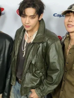 Close-up of BTS Kim Taehyung V iHeartRadio Music Festival Las Vegas 2026 Green Leather Jacket