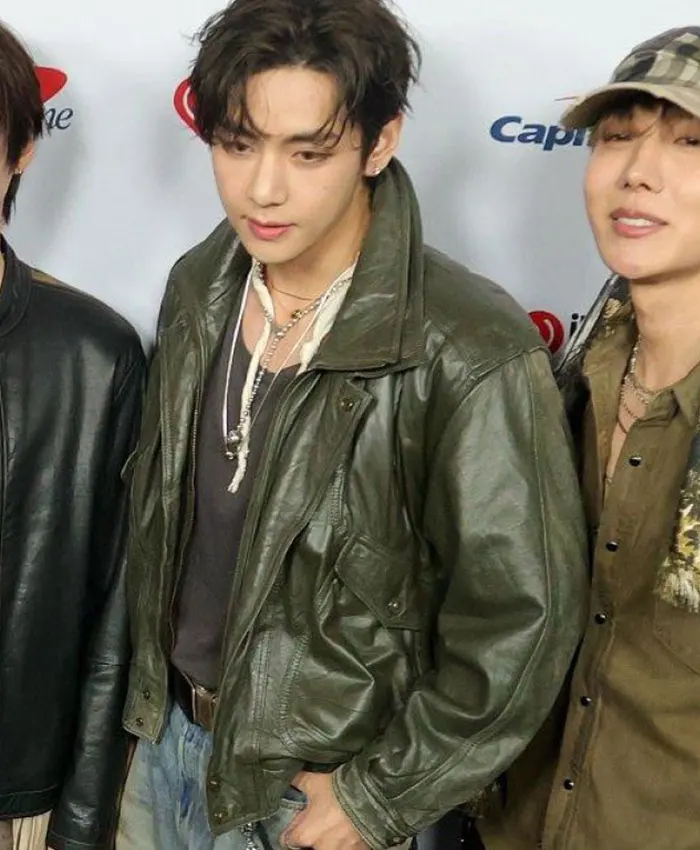 Close-up of BTS Kim Taehyung V iHeartRadio Music Festival Las Vegas 2026 Green Leather Jacket
