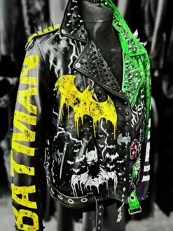 Close-up of Batman Vs Joker Halloween Watch The World Burn Punk Black Leather Biker Jacket