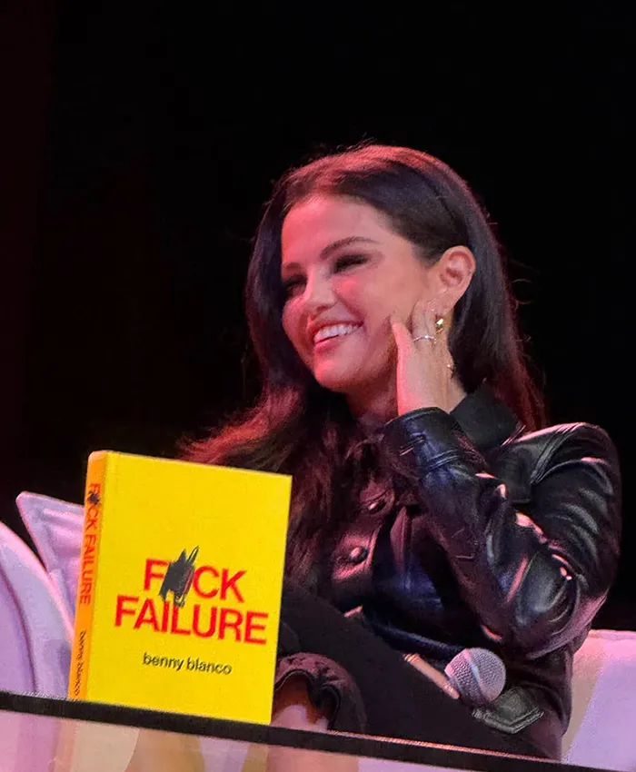 Close-up of Benny Blanco Book FCK FAILURE Selena Gomez Black Leather Jacket Sale