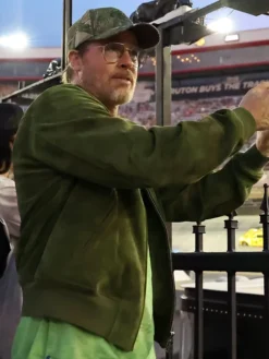 Close-up of Brad Pitt NASCAR Cup Series Chase Bass Pro Shops 2026 Tennessee Green Suede Bomber Jacket