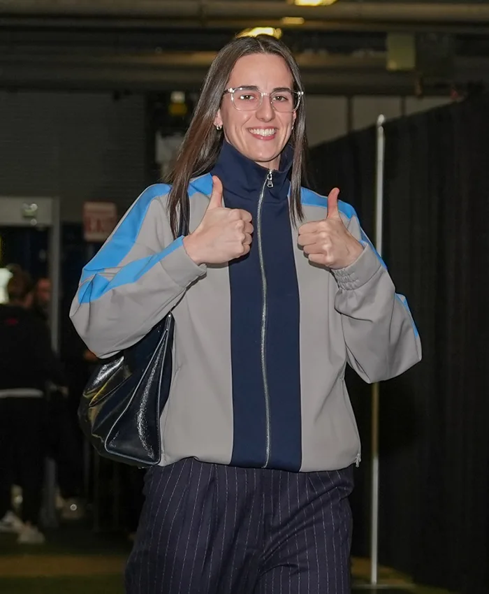 Close-up of Caitlin Clark First WNBA Indiana Fever Game After World Cup Track Jacket