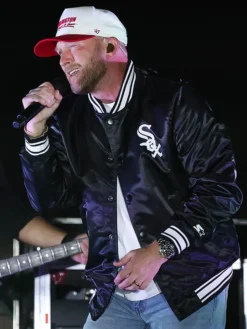 Close-up of Cole Swindell MLB Chicago White Sox Rate Field 2026 Black Satin Varsity Jacket
