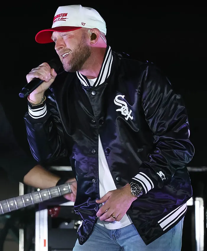 Close-up of Cole Swindell MLB Chicago White Sox Rate Field 2026 Black Satin Varsity Jacket