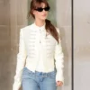 Close-up of Daisy Edgar-Jones Fall 2026 London Off-White Cotton Alexander McQueen Jacket