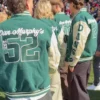 Close-up of Dan Murphy's 52 NFL Green And Cream DANS Wool Leather Varsity Jacket