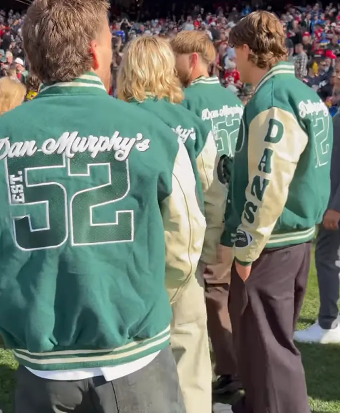 Close-up of Dan Murphy's 52 NFL Green And Cream DANS Wool Leather Varsity Jacket
