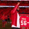 Close-up of Derrick Johnson Kansas City Chiefs Hall of Fame Arrowhead Stadium Red Leather Jacket