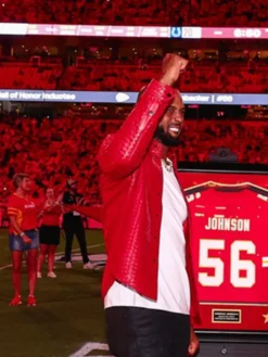Close-up of Derrick Johnson Kansas City Chiefs Hall of Fame Arrowhead Stadium Red Leather Jacket