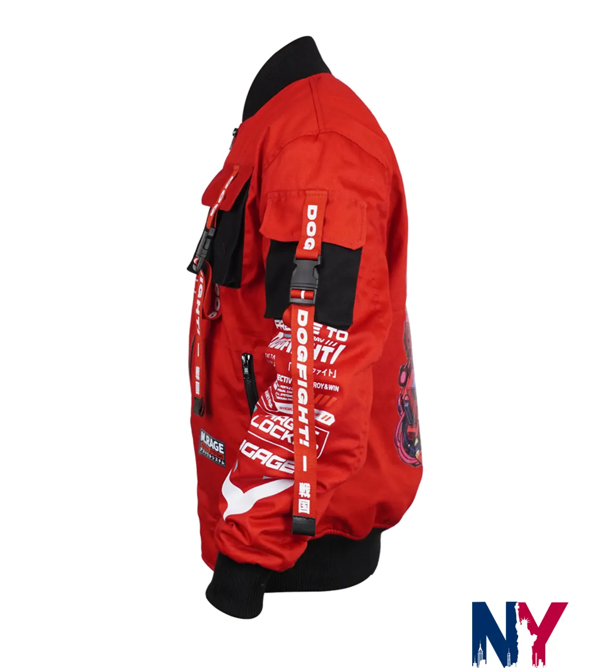 Close-up of Dogfight Sengoku Edition Anime Techwear Red Cotton Bomber Jacket with Printed Back