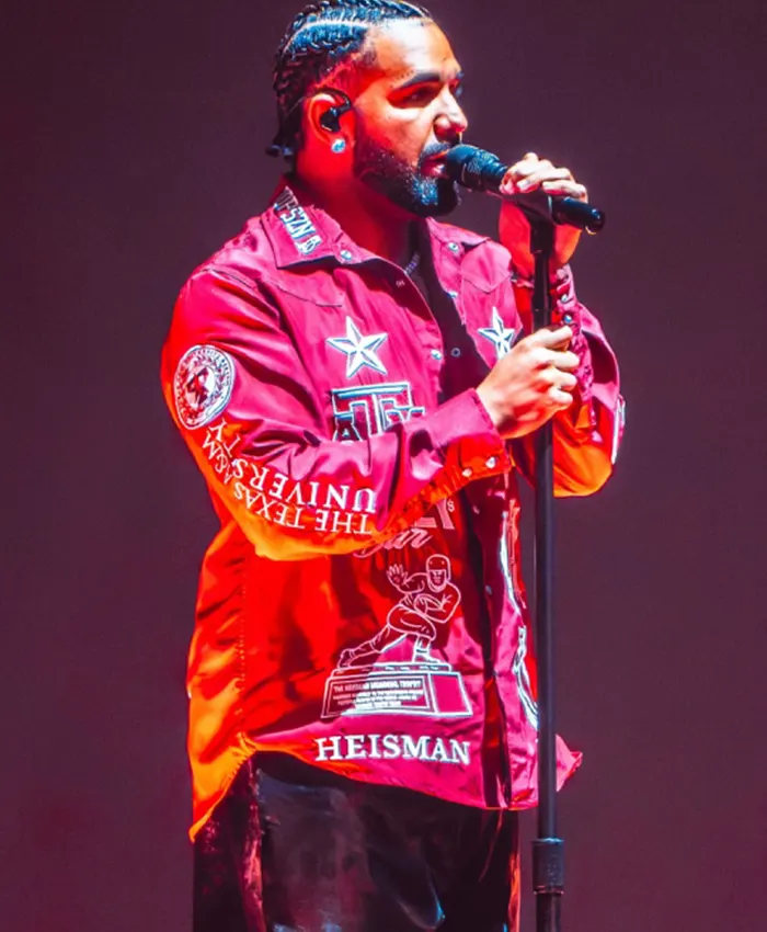 Close-up of Drake We’ll Go To Hell Bout Johnny Manziel Red Satin Jacket Sale
