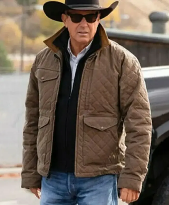Close-up of Dutton Ranch Series Yellowstone Brown Diamond Quilted Leather Jacket