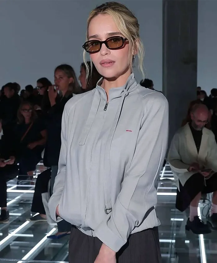 Close-up of Emilia Clarke Prada Spring Show Milan Fashion Week 2027 Grey Cotton Jacket