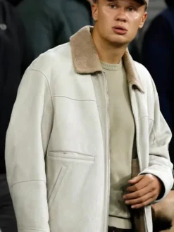 Close-up of Erling Haaland Manchester City vs Norwich White Corduroy Shearling Collar Jacket