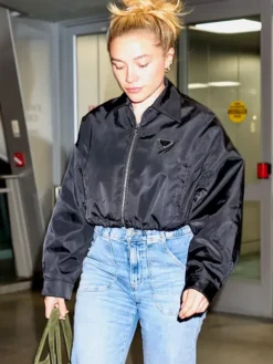 Close-up of Florence Pugh New York Airport Black Cropped Polyester Prada Bomber Jacket