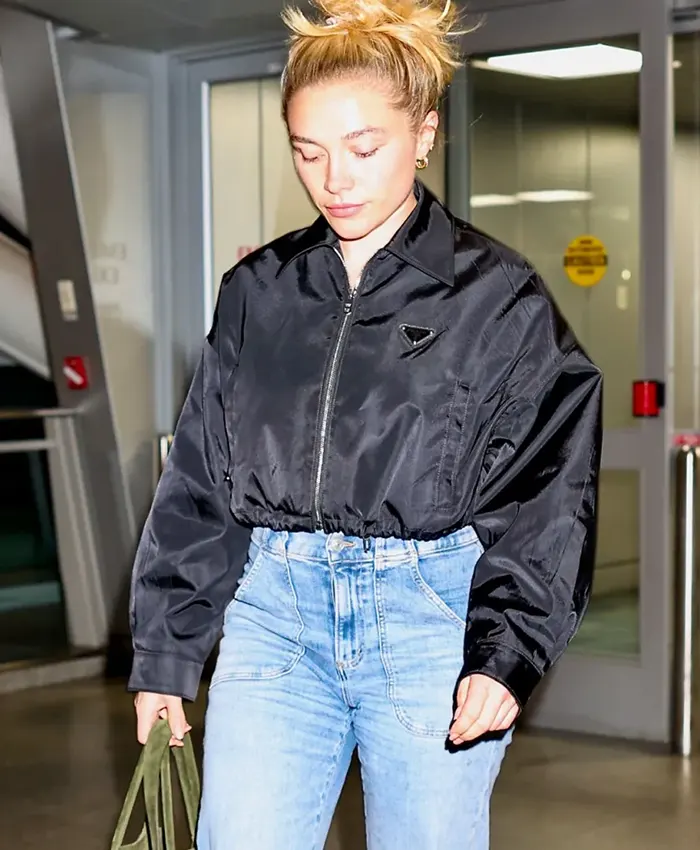 Close-up of Florence Pugh New York Airport Black Cropped Polyester Prada Bomber Jacket