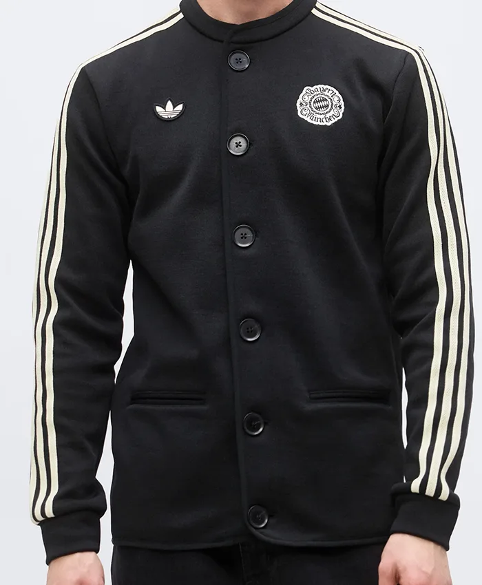 Close-up of Football Club Bayern Munich 26-27 Adidas Oktoberfest Black Fleece Button-Up Jacket