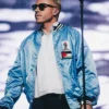 Close-up of Free Palestine Flag Macklemore Blue Satin Bomber Varsity Jacket Sale